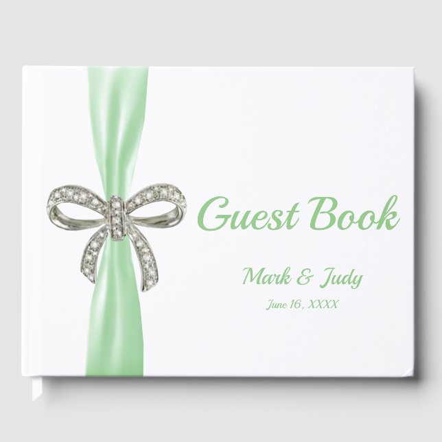 Livro De Visitas Guestbook de Casamento de Arco de Fita Verde (Frente)