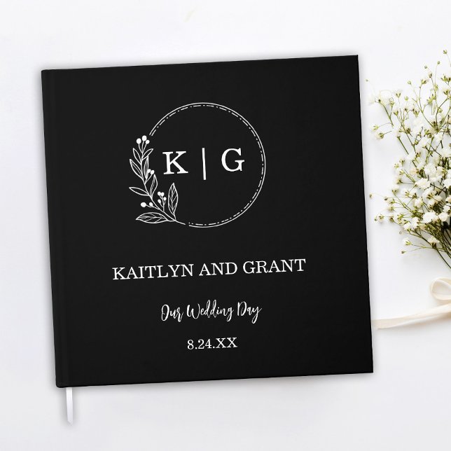 Livro De Visitas Guestbook de Casamento de Monograma Branco e Preto (Black and white minimal simple modern wedding guestbook with floral monogram)