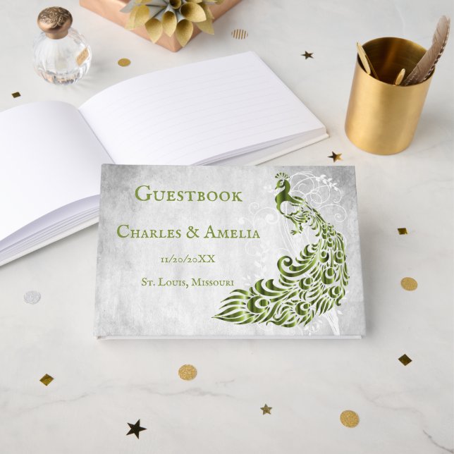 Livro De Visitas Guestbook de Casamento de Vinha de Pavão Verde (Frente aberta)