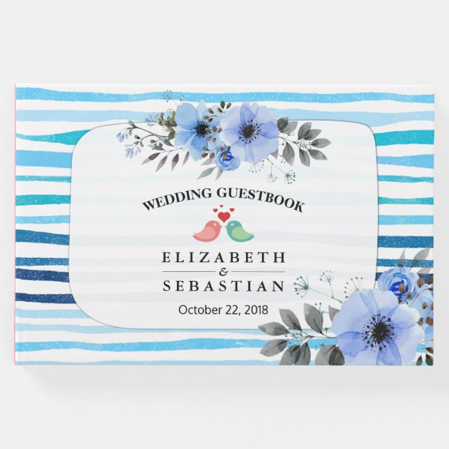 Livro De Visitas Guestbook de Casamento Floral & Azul Stripes (Frente)