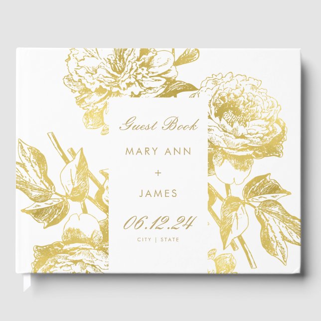 Livro De Visitas Guestbook de Casamento Floral Dourado Elegante (Frente)