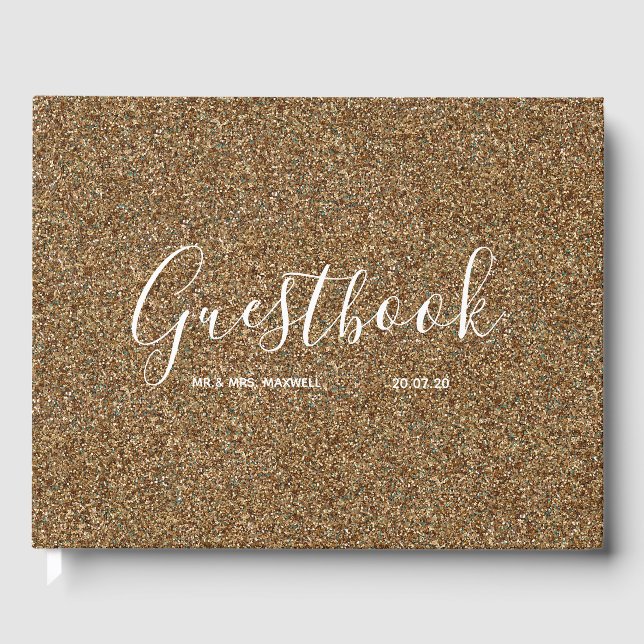 Livro De Visitas Guestbook de Casamento | Glitter Dourado (Frente)