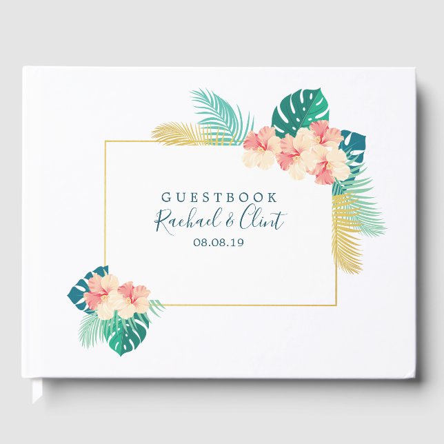 Livro De Visitas Guestbook de Casamento Hibiscus Dourado Elegante n (Frente)