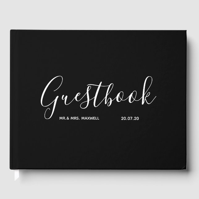 Livro De Visitas Guestbook de Casamento Negro | Elegante mínimo sim (Frente)