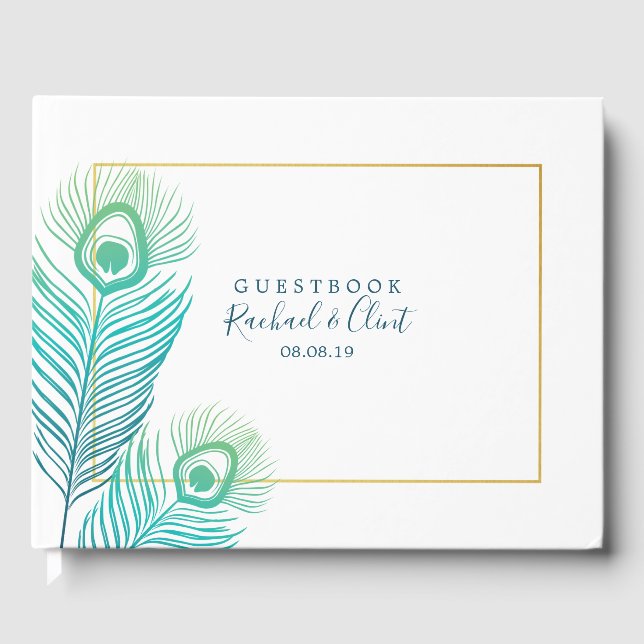 Livro De Visitas Guestbook de Casamento Peacock Dourado Elegante (Frente)