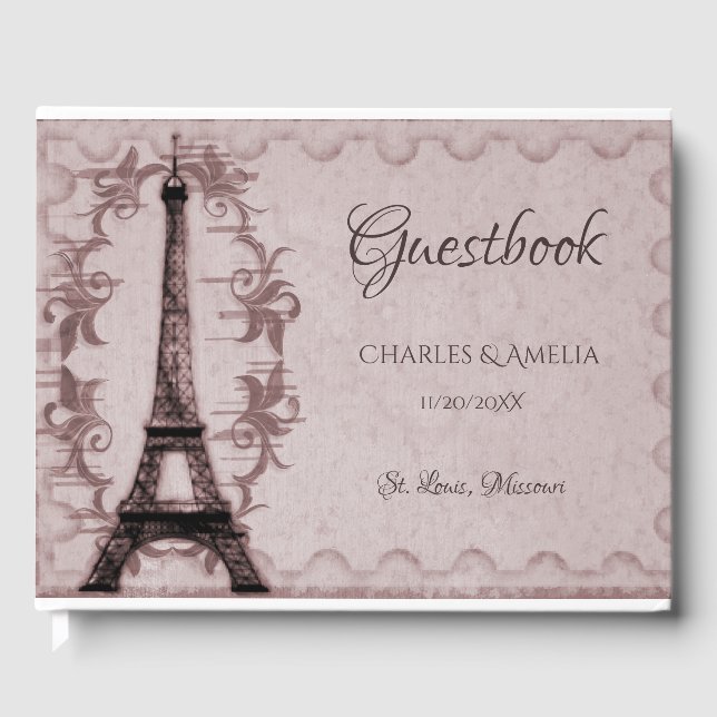Livro De Visitas Guestbook de Dia de Casamento da Torre Eiffel Rosa (Frente)