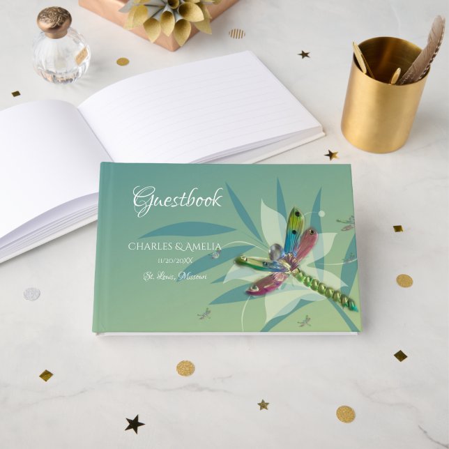 Livro De Visitas Guestbook de Dia de Casamento de Dragonfly (Frente aberta)