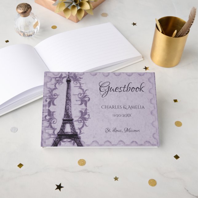 Livro De Visitas Guestbook de Dia de Casamento em Torre Eiffel Roxo (Frente aberta)