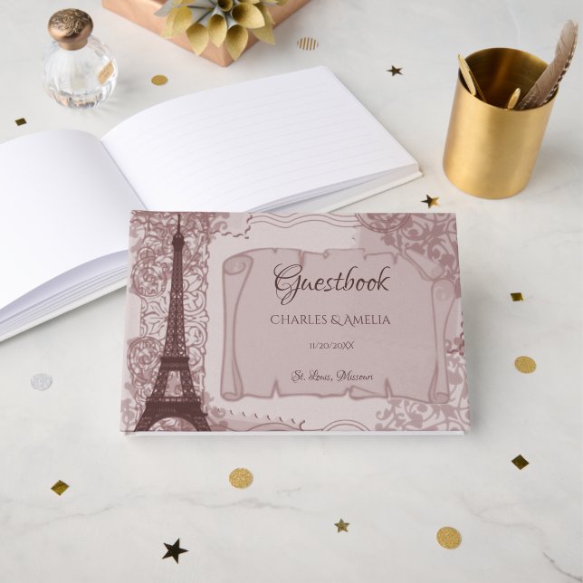 Livro De Visitas Guestbook de Dia de Casamento Parisiense Rosa (Frente aberta)