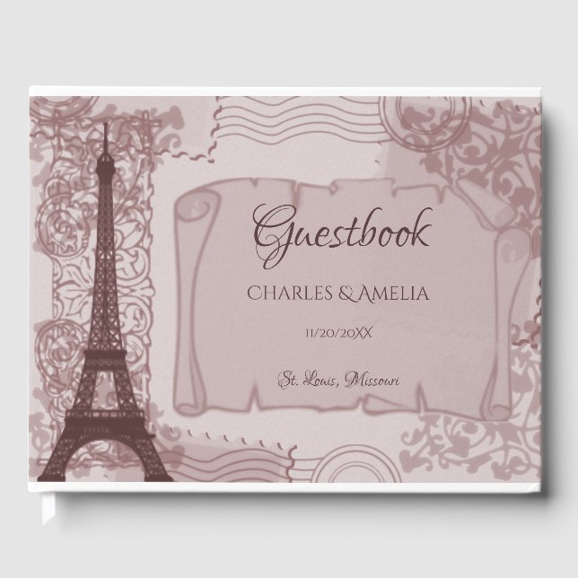 Livro De Visitas Guestbook de Dia de Casamento Parisiense Rosa (Frente)