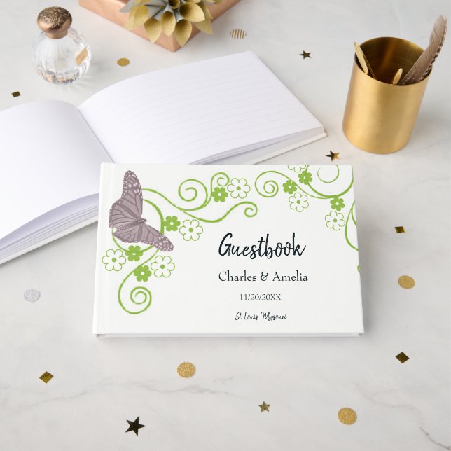 Livro De Visitas Guestbook de Dia Floral de Casamento da Borboleta  (Frente aberta)