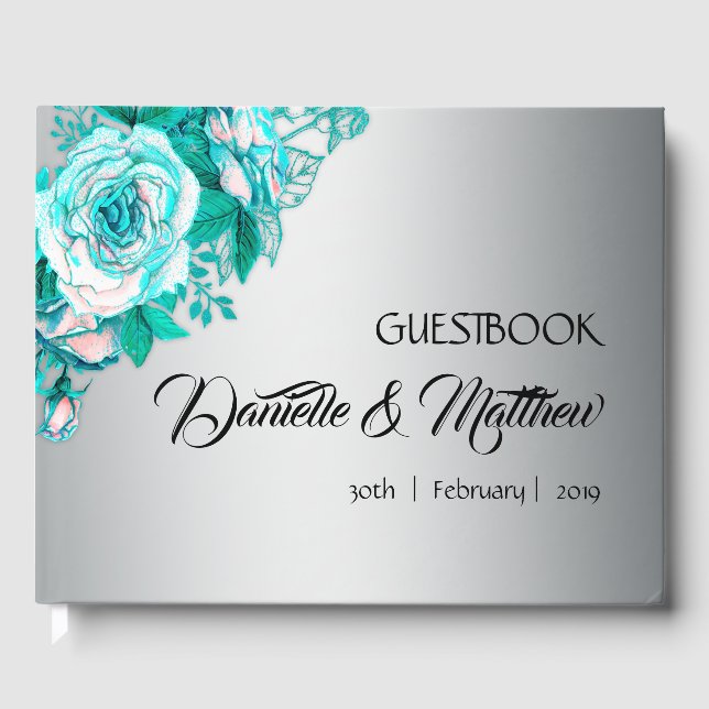 Livro De Visitas Guestbook de Rosas Aqua e Casamento Prateado (Frente)