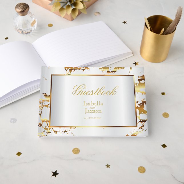Livro De Visitas Guestbook Elegante Dourado Marble e White Satin (Frente aberta)