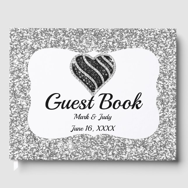 Livro De Visitas Guestbook Faux Silver Glitter Black Heart (Frente)