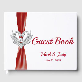 Livro De Visitas Guestbook Red Ribbon Silver Swans