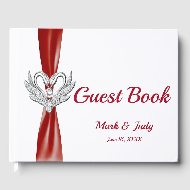 Livro De Visitas Guestbook Red Ribbon Silver Swans (Frente)