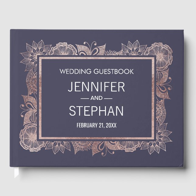 Livro De Visitas Guestbook rosa Dourado Floral e Marinho Azul (Frente)