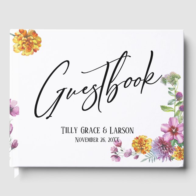 Livro De Visitas Guestbook Simples de Flores Selvagens e Escrita Ma (Frente)