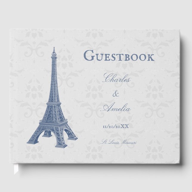 Livro De Visitas Guia do Casamento tema damasco da Torre Eiffel Azu (Frente)