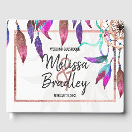 Livro De Visitas Guia Dourado do Boho Watercolor Dreamcatcher Rosa