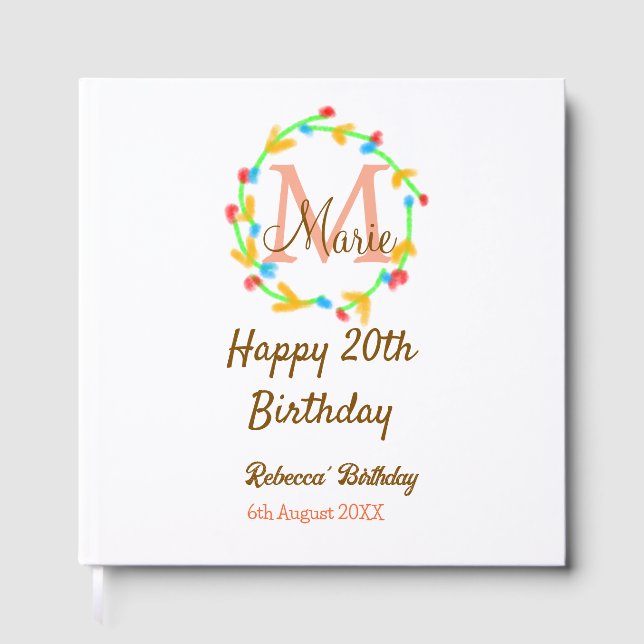 Livro De Visitas Happy 20th Birthday red add name monogram wreath (Frente)