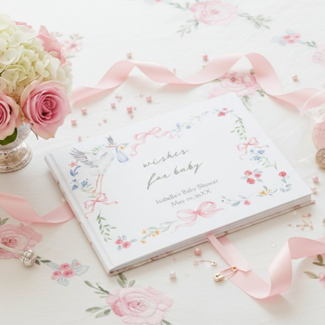 Livro De Visitas Heirloom Rose Ribbon Stork Baby Shower Guestbook (Criador carregado)