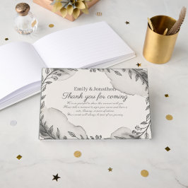 Livro De Visitas Herança Moderno Preto e Branco Botânico Casamento