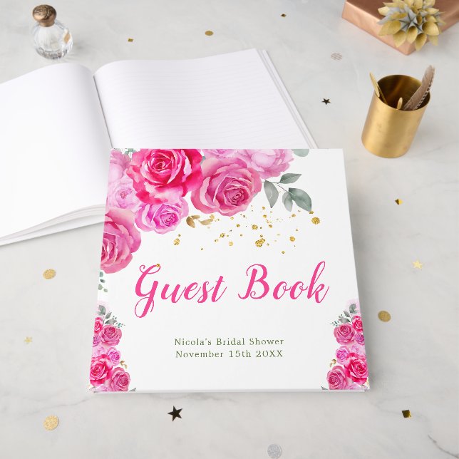 Livro De Visitas Hot Pink Floral Bridal Shower (Frente aberta)