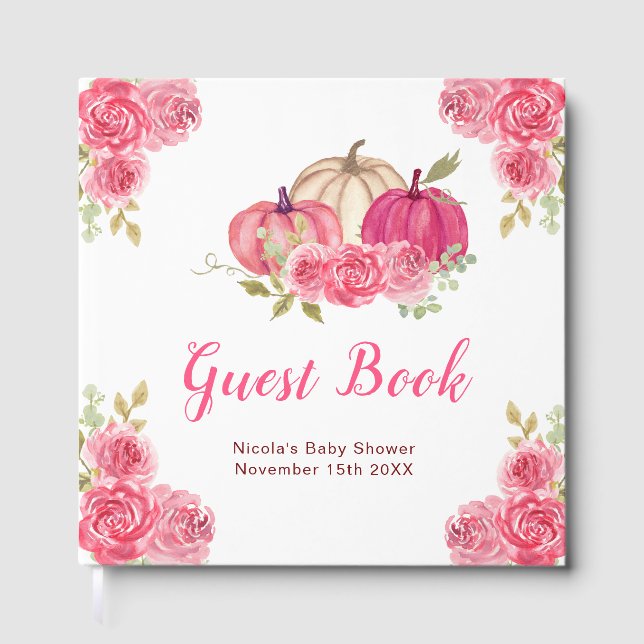 Livro De Visitas Hot Pink Floral Pumpkins Baby Shower (Frente)
