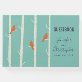 Livro De Visitas Ilustração de Pássaros Laranja Retrô em Árvores de