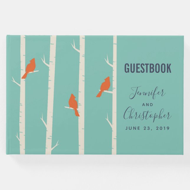 Livro De Visitas Ilustração de Pássaros Laranja Retrô em Árvores de (Frente)