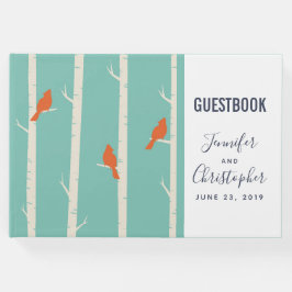 Livro De Visitas Ilustração de Pássaros Laranja Retrô em Árvores de