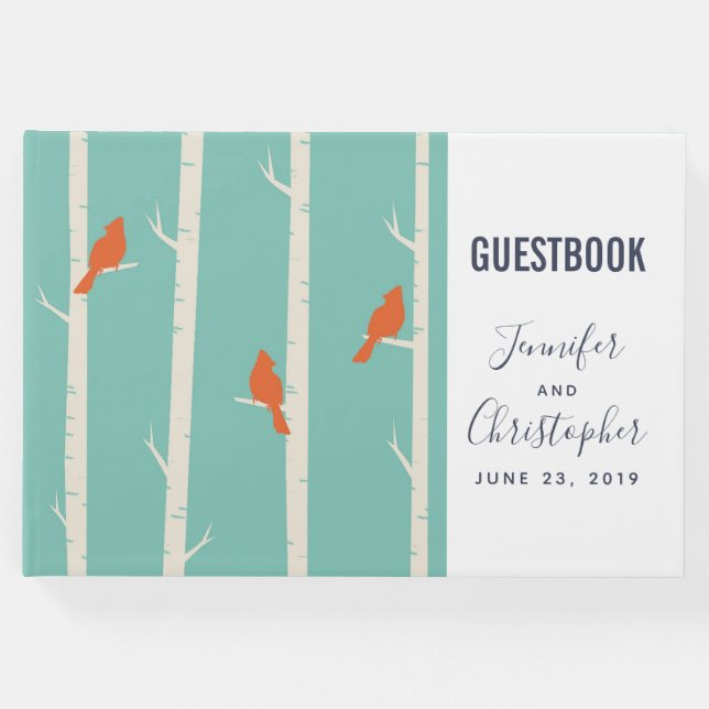 Livro De Visitas Ilustração de Pássaros Laranja Retrô em Árvores de (Frente)