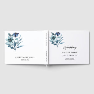 Livro De Visitas Ilustração em Aquarela Rústica Buquê Floral Azul
