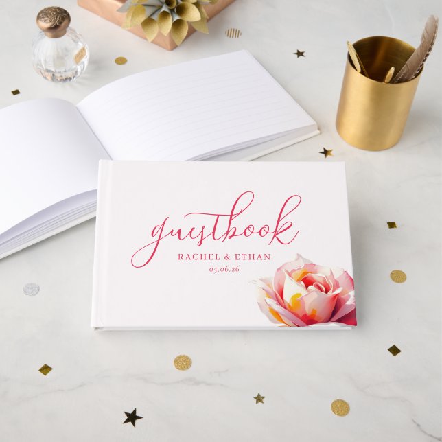 Livro De Visitas Ilustração Sofisticada de Rosa Coral (Frente aberta)