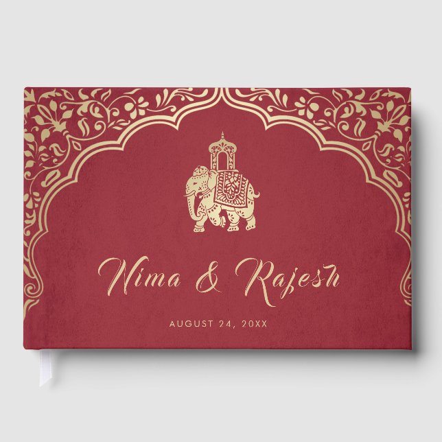 Livro De Visitas Indian Wedding Invitation, Red, Gold, Ganesha (Frente)