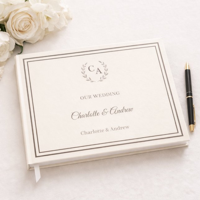 Livro De Visitas Ivory taupe monogrammed wreath wedding (Criador carregado)