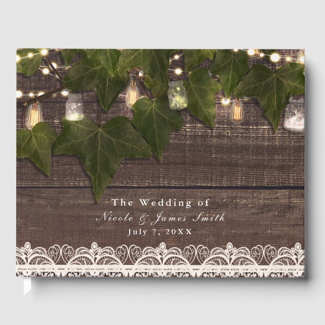 Livro De Visitas Ivy & String Lights Mason Jar Casamento Rústico (Frente)