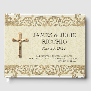 Livro De Visitas Laço Dourado do crucifixo do casamento católico