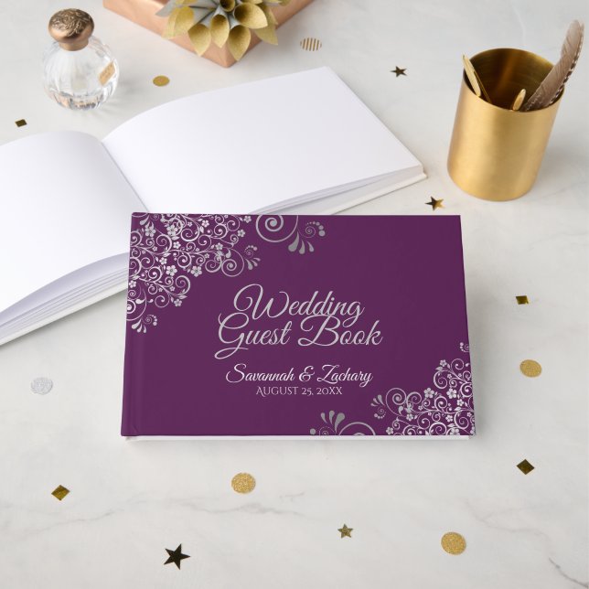 Livro De Visitas Lacy Silver Filigree Elegant Plum Purple Wedding (Frente aberta)