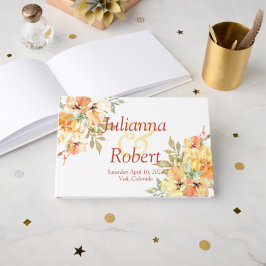 Livro De Visitas Laranja e amarelo-aquarela, hóspede floral