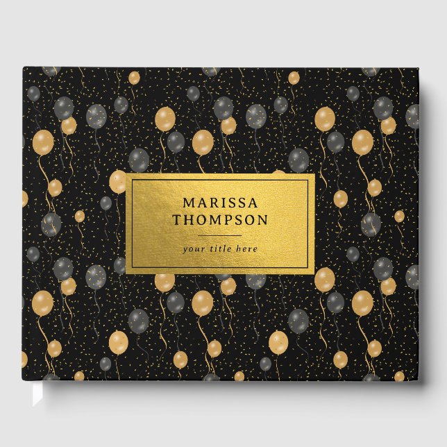 Livro De Visitas Lembrança de Balões Preto e Dourado Elegantes (Frente)