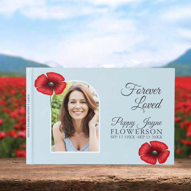 Livro De Visitas Lembrança Poppy Blue Funeral Memorial Guest Book (Add your beloved's photo and special dates to this sky blue poppy memorial/funeral guest book.)