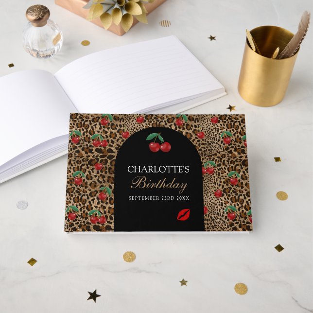 Livro De Visitas Leopard Cheetah Animal Print Red Cherry Pattern (Frente aberta)