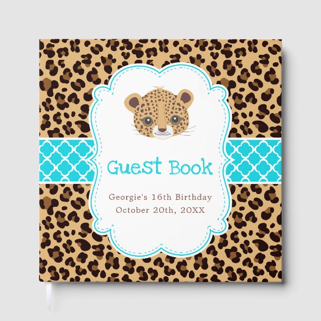 Livro De Visitas Leopard Print Blue Quatrefoil Birthday Party (Frente)