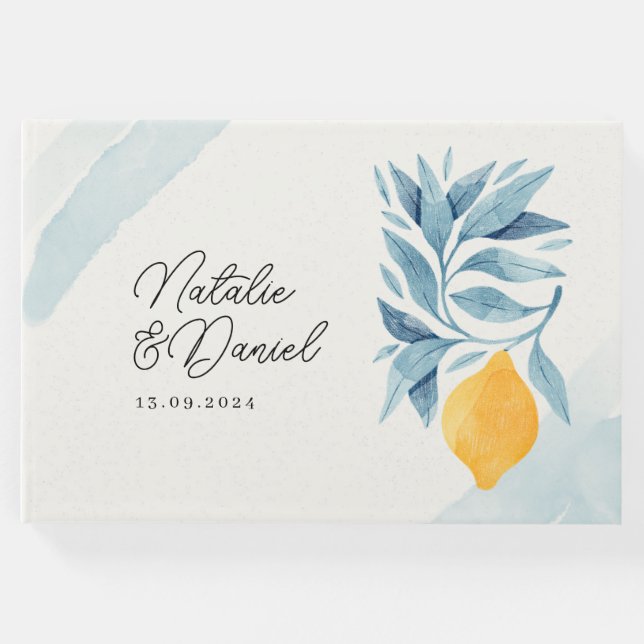 Livro De Visitas Limão com ilustração botânica das folhas azuis (Frente)