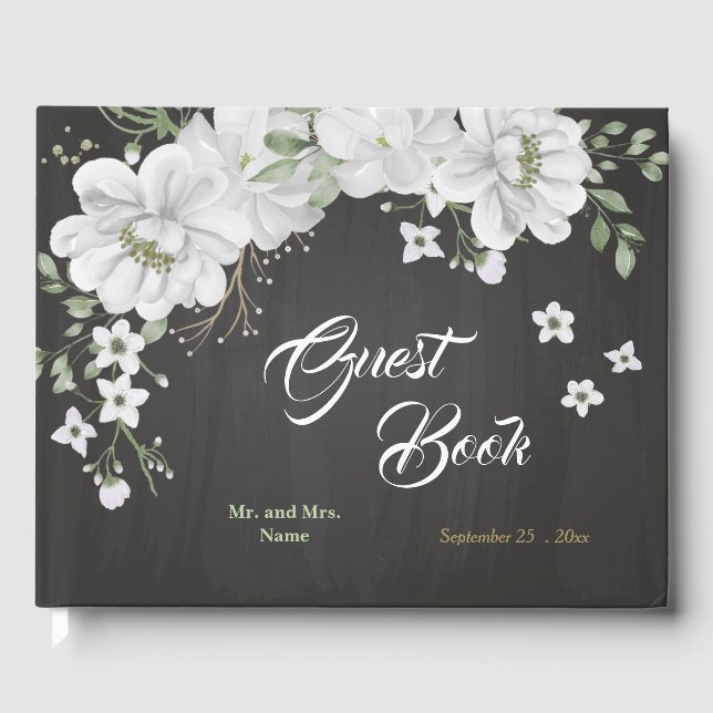 Livro De Visitas lindas flores brancas verdes pretas (Frente)