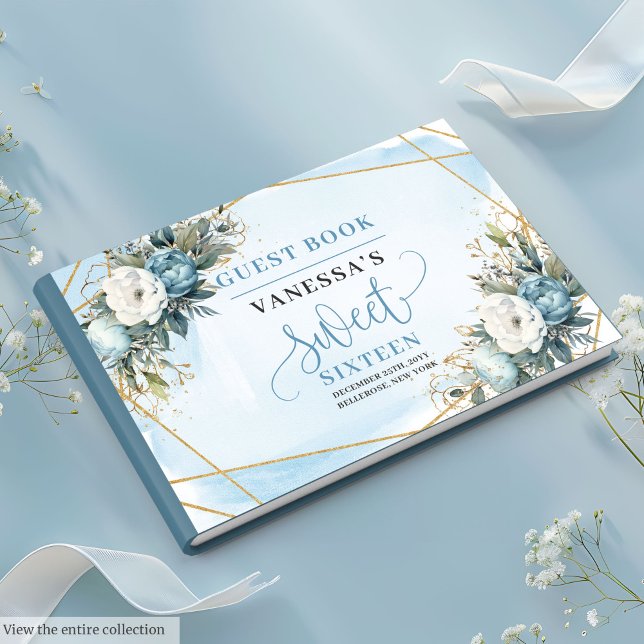 Livro De Visitas Lindas Flores Douradas, Azuis, , Doçosas 16 (Beautiful Dusty Blue White Gold Flowers Sweet Sixteen Guest Book)