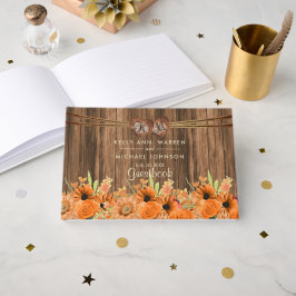 Livro De Visitas Lindas Flores Laranja sobre Madeira - Guestbook