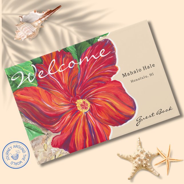 Livro De Visitas Locação de Férias Florais Tropicais Red Hibiscus (Mahalo Hale Tropical Hibiscus Flower Guest Book features my Original Hibiscus in the Park Painting.)